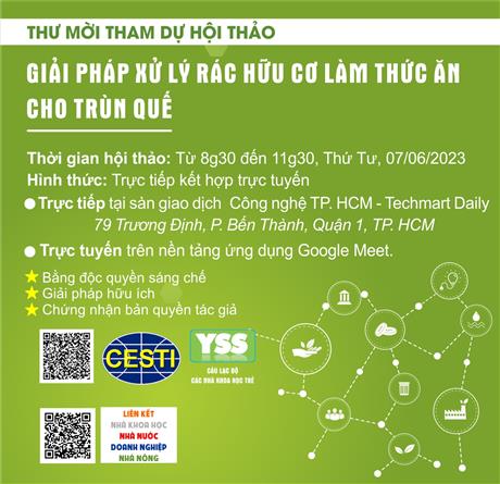 Mời tham dự hội thảo giới thiệu "Giải pháp xử lý rác thải hữu cơ làm thức ăn cho trùn quế Perionyx escavatus"